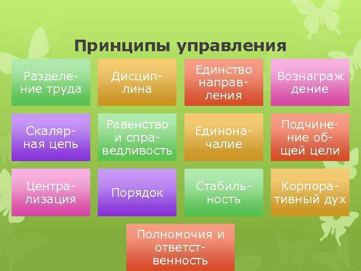 Принципы управления Разделение труда Дисциплина Единство направления Вознаграж дение Скалярная цепь Равенство и справедливость