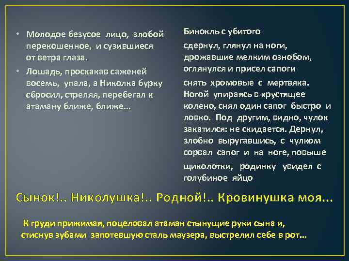  • Молодое безусое лицо, злобой перекошенное, и сузившиеся от ветра глаза. • Лошадь,