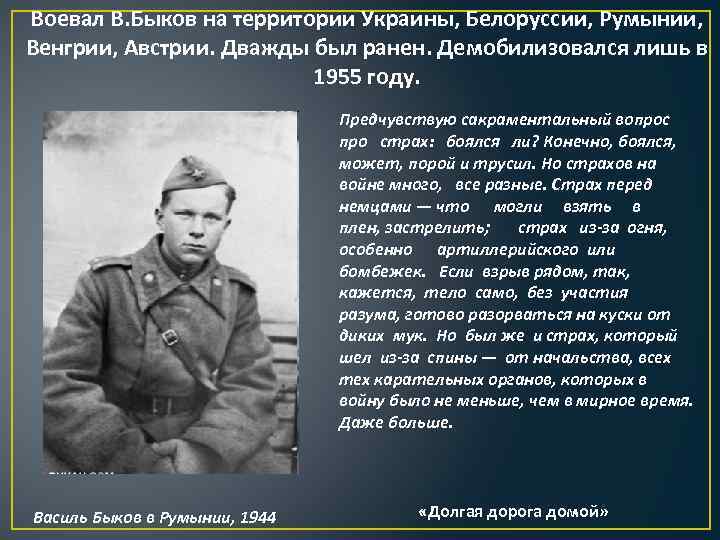 Воевал В. Быков на территории Украины, Белоруссии, Румынии, Венгрии, Австрии. Дважды был ранен. Демобилизовался