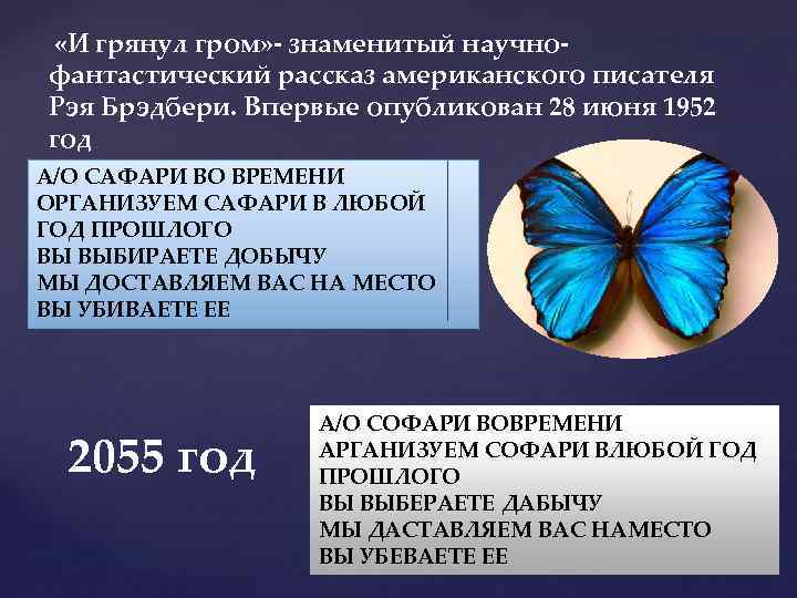  «И грянул гром» знаменитый научно фантастический рассказ американского писателя Рэя Брэдбери. Впервые опубликован