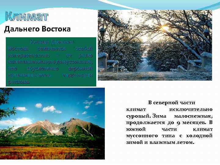 Климат Дальнего Востока отличается особой контрастностью – от резко континентального до муссонного, что обусловлено