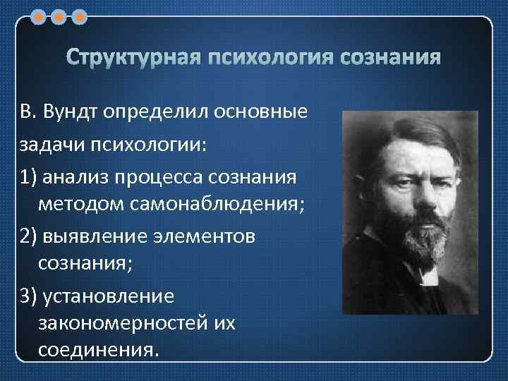 Структурная психология сознания В. Вундт определил основные задачи психологии: 1) анализ процесса сознания методом