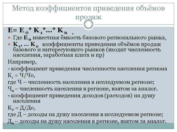 Метод коэффициентов приведения объёмов продаж Е= E 0* K 1*…* K n , Где