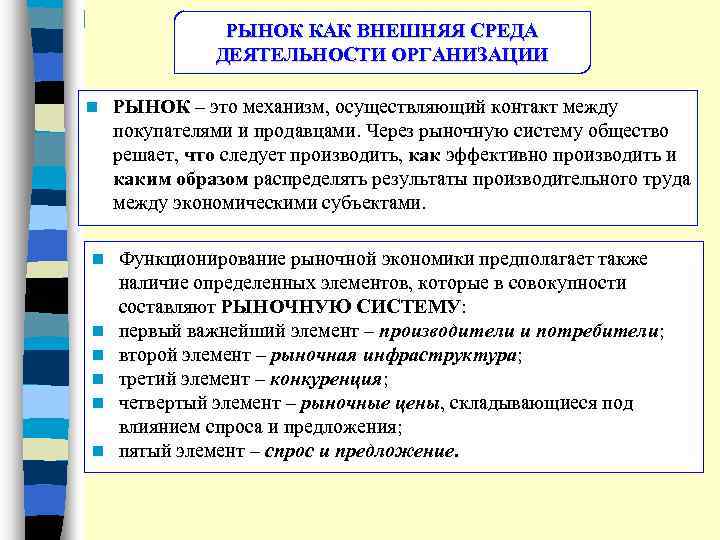 РЫНОК КАК ВНЕШНЯЯ СРЕДА ДЕЯТЕЛЬНОСТИ ОРГАНИЗАЦИИ n n n n РЫНОК – это механизм,