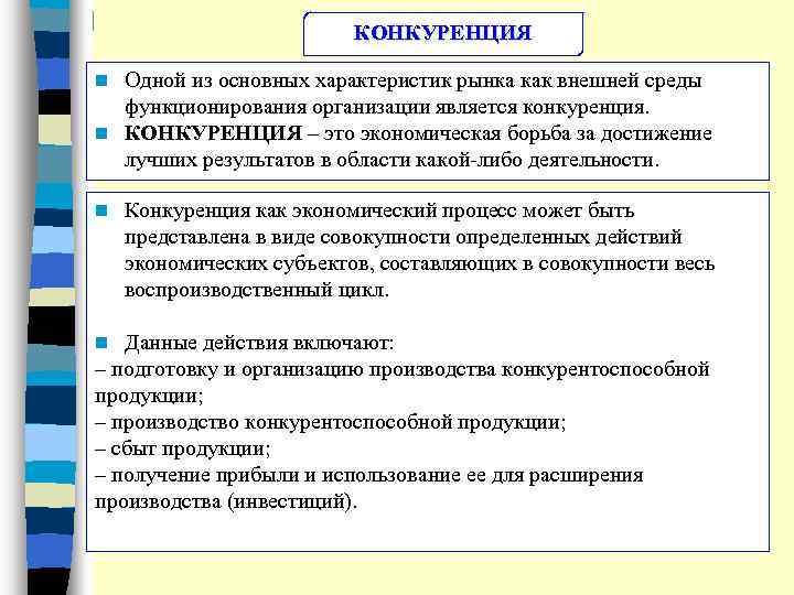 КОНКУРЕНЦИЯ Одной из основных характеристик рынка как внешней среды функционирования организации является конкуренция. n