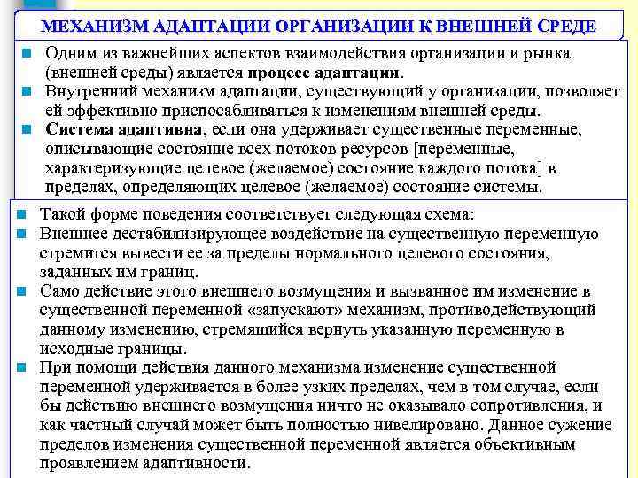 МЕХАНИЗМ АДАПТАЦИИ ОРГАНИЗАЦИИ К ВНЕШНЕЙ СРЕДЕ n Одним из важнейших аспектов взаимодействия организации и