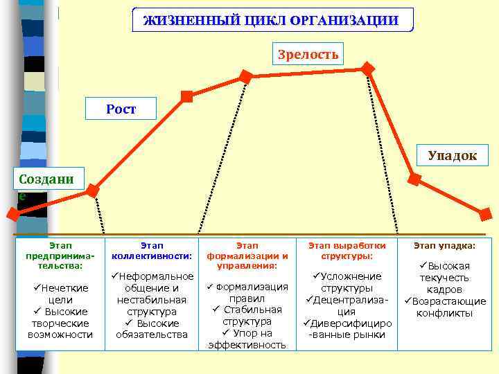 ЖИЗНЕННЫЙ ЦИКЛ ОРГАНИЗАЦИИ Зрелость Рост Упадок Создани е Этап предпринимательства: üНечеткие цели ü Высокие