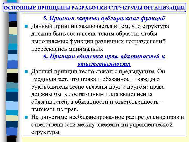 ОСНОВНЫЕ ПРИНЦИПЫ РАЗРАБОТКИ СТРУКТУРЫ ОРГАНИЗАЦИИ 5. Принцип запрета дублирования функций n Данный принцип заключается