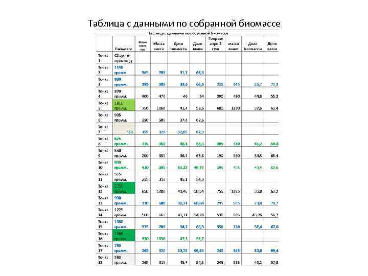 Таблица с данными по собранной биомассе 