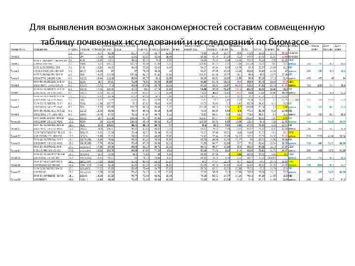 Для выявления возможных закономерностей составим совмещенную таблицу почвенных исследований и исследований по биомассе 