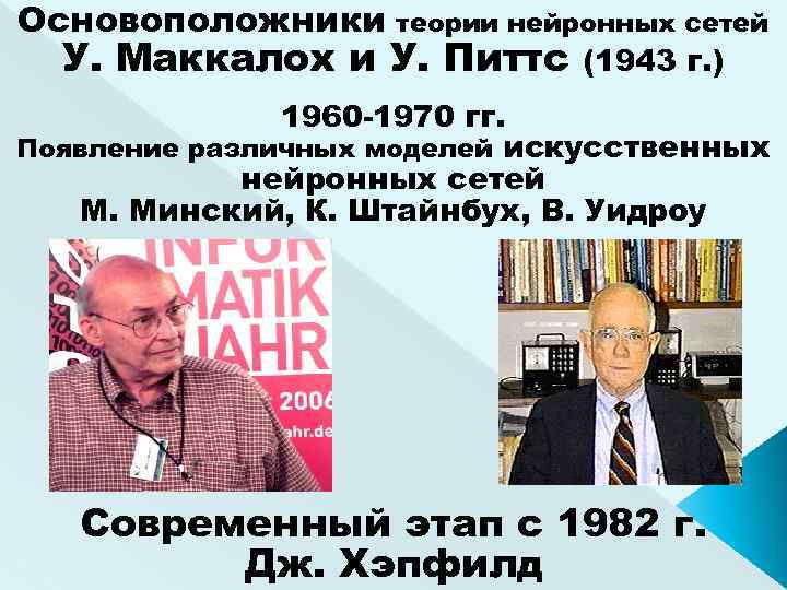 Основоположники теории нейронных сетей У. Маккалох и У. Питтс (1943 г. ) 1960 -1970