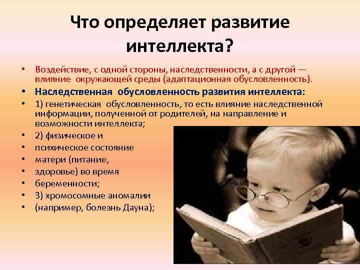 Что определяет развитие интеллекта? • Воздействие, с одной стороны, наследственности, а с другой —