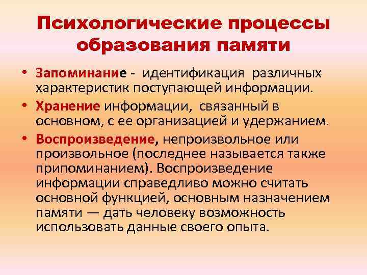 Психологические процессы образования памяти • Запоминание - идентификация различных характеристик поступающей информации. • Хранение