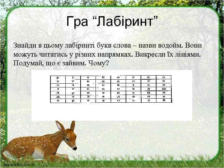 Гра “Лабіринт” Знайди в цьому лабіринті букв слова – назви водойм. Вони можуть читатись