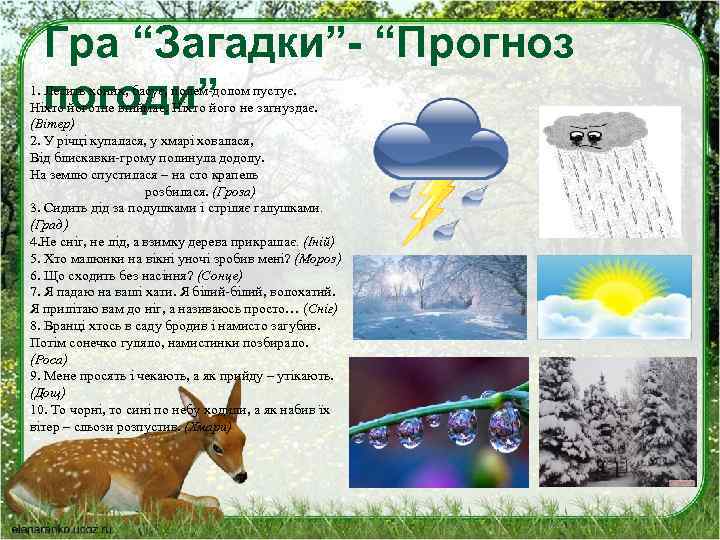 Гра “Загадки”- “Прогноз погоди” 1. Летить коник, басує, полем-долом пустує. Ніхто йоготне впіймає. Ніхто