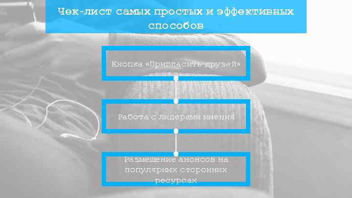 Чек-лист самых простых и эффективных способов Кнопка «Пригласить друзей» Работа с лидерами мнения Размещение