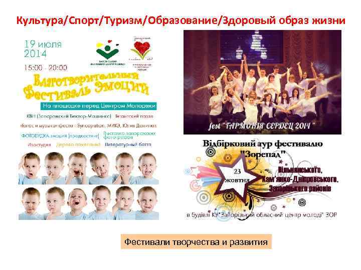 Культура/Спорт/Туризм/Образование/Здоровый образ жизни Фестивали творчества и развития 