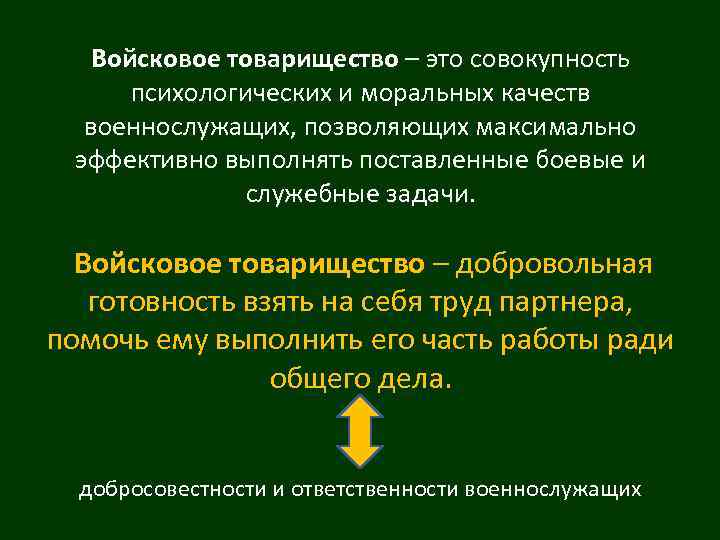 Войсковое товарищество – это совокупность психологических и моральных качеств военнослужащих, позволяющих максимально эффективно выполнять