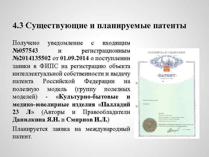 4. 3 Существующие и планируемые патенты Получено уведомление с входящим № 057543 и регистрационным