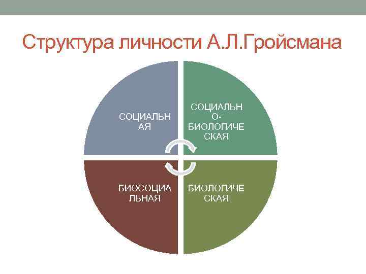 Структура личности А. Л. Гройсмана СОЦИАЛЬН АЯ СОЦИАЛЬН ОБИОЛОГИЧЕ СКАЯ БИОСОЦИА ЛЬНАЯ БИОЛОГИЧЕ СКАЯ