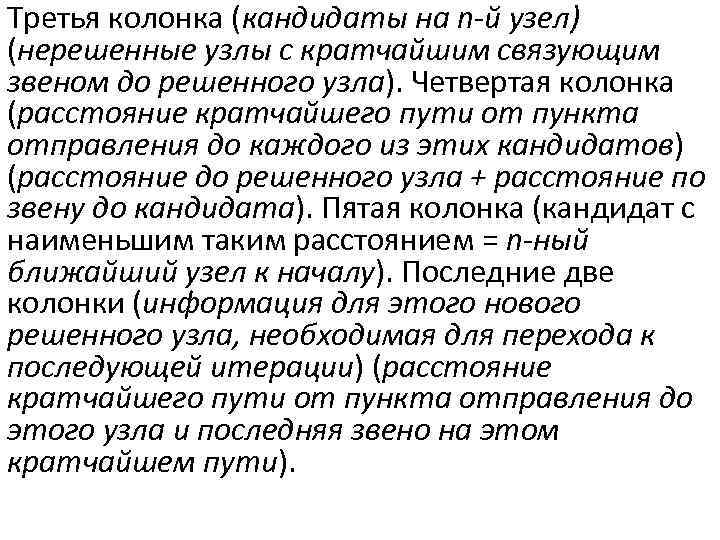 Tретья колонка (кандидаты на n-й узел) (нерешенные узлы с кратчайшим связующим звеном до решенного