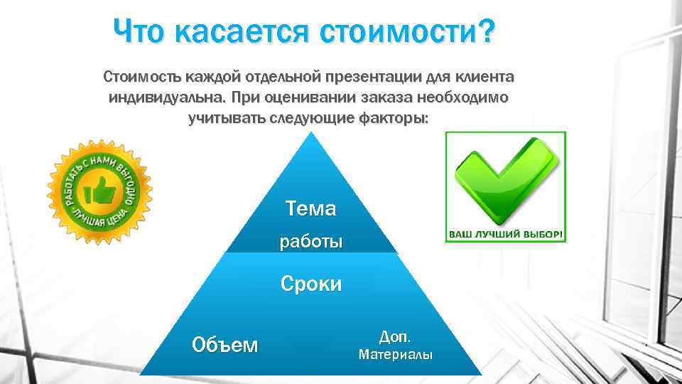 Что касается стоимости? Стоимость каждой отдельной презентации для клиента индивидуальна. При оценивании заказа необходимо