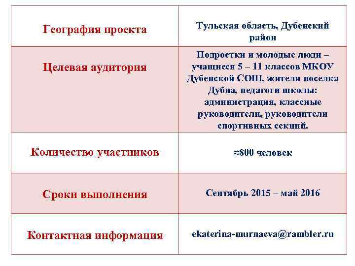 География проекта Целевая аудитория Тульская область, Дубенский район Подростки и молодые люди – учащиеся