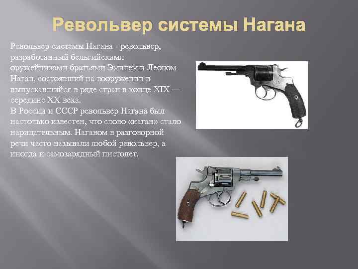 Револьвер системы Нагана - револьвер, разработанный бельгийскими оружейниками братьями Эмилем и Леоном Наган, состоявший