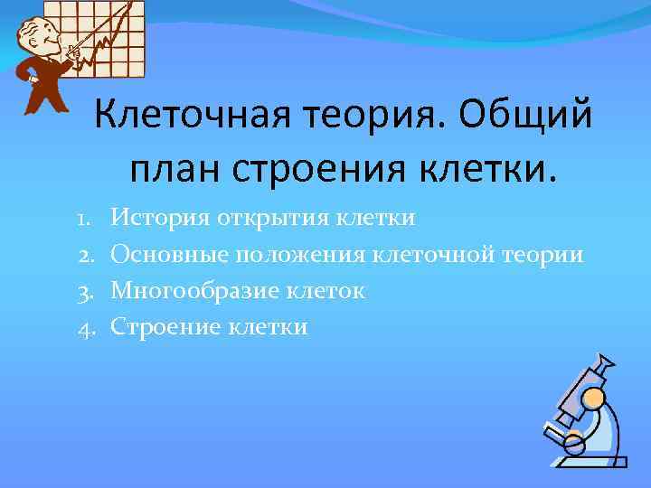 Клеточная теория. Общий план строения клетки. 1. 2. 3. 4. История открытия клетки Основные