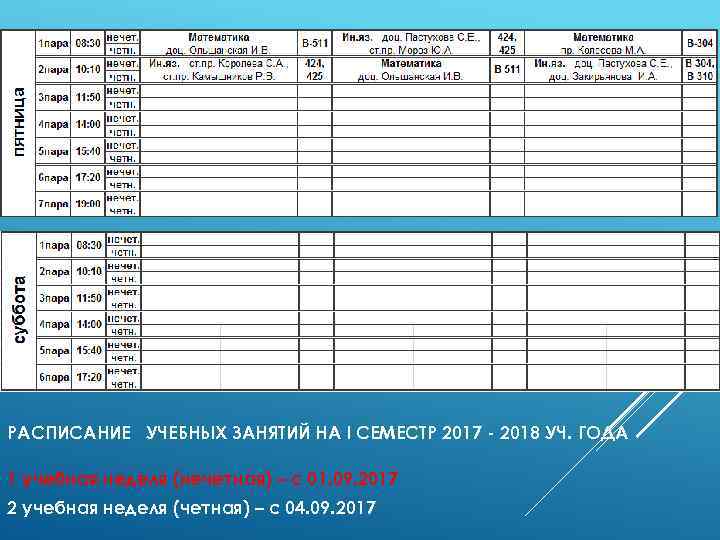 РАСПИСАНИЕ УЧЕБНЫХ ЗАНЯТИЙ НА I СЕМЕСТР 2017 - 2018 УЧ. ГОДА 1 учебная неделя