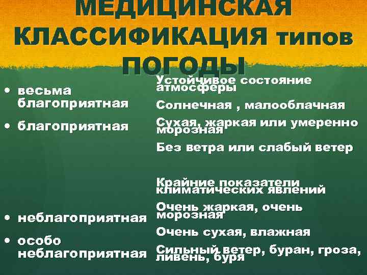 МЕДИЦИНСКАЯ КЛАССИФИКАЦИЯ типов ПОГОДЫ Устойчивое состояние весьма благоприятная атмосферы Солнечная , малооблачная Сухая, жаркая