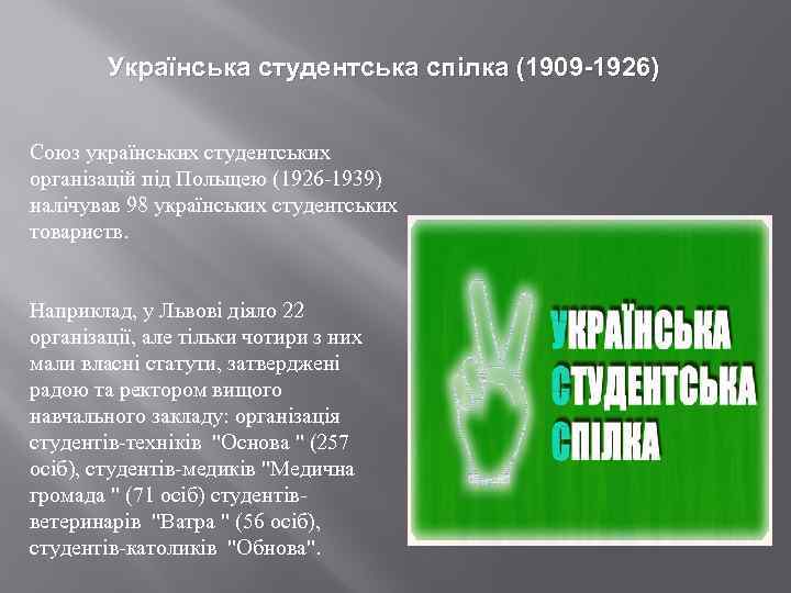 Українська студентська спілка (1909 -1926) Союз українських студентських організацій під Польщею (1926 -1939) налічував