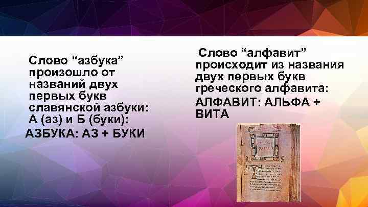 Слово “азбука” произошло от названий двух первых букв славянской азбуки: А (аз) и Б