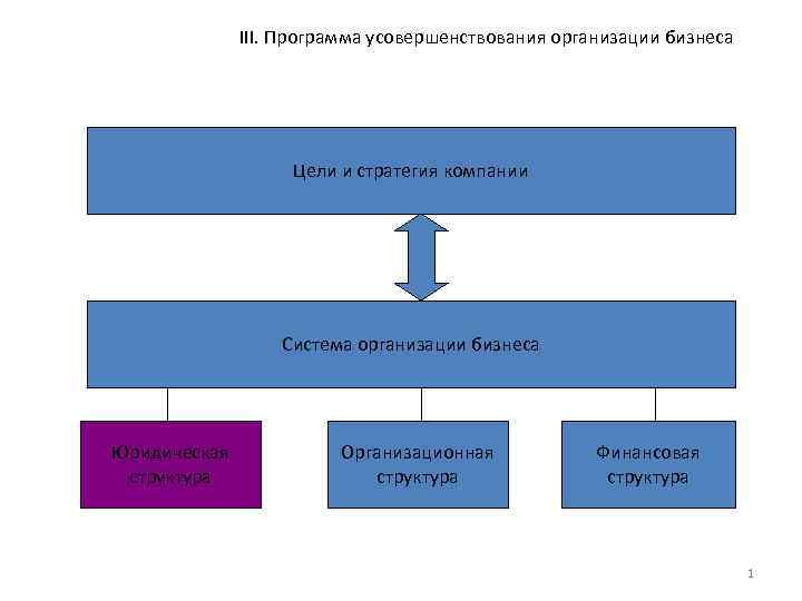 III. Программа усовершенствования организации бизнеса Цели и стратегия компании Система организации бизнеса Юридическая структура