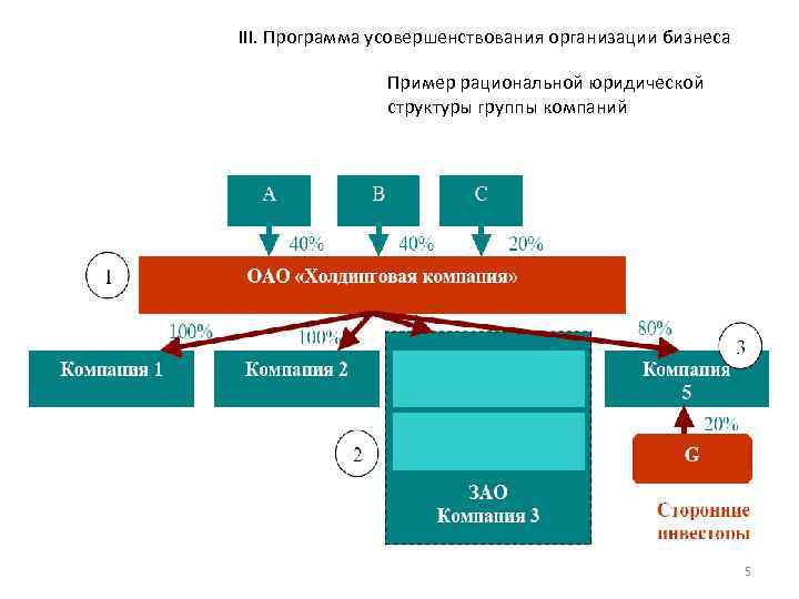 III. Программа усовершенствования организации бизнеса Пример рациональной юридической структуры группы компаний 5 