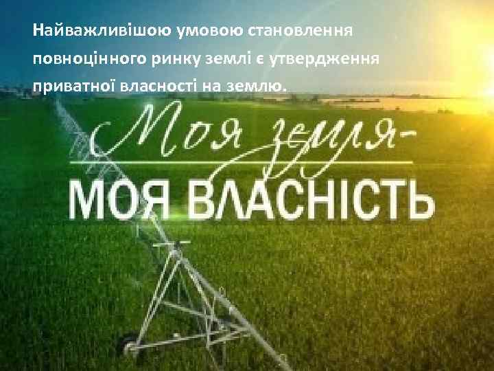 Найважливішою умовою становлення повноцінного ринку землі є утвердження приватної власності на землю. 