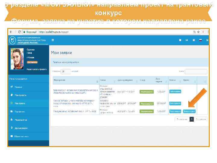 В разделе «МОИ ЗАЯВКИ» направляем проект на грантовый конкурс Форума, заявка на участие в