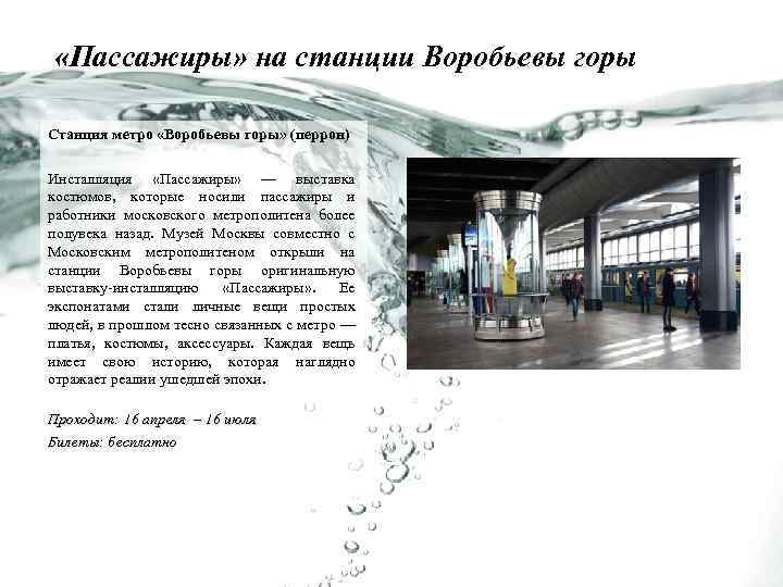  «Пассажиры» на станции Воробьевы горы Станция метро «Воробьевы горы» (перрон) Инсталляция «Пассажиры» —