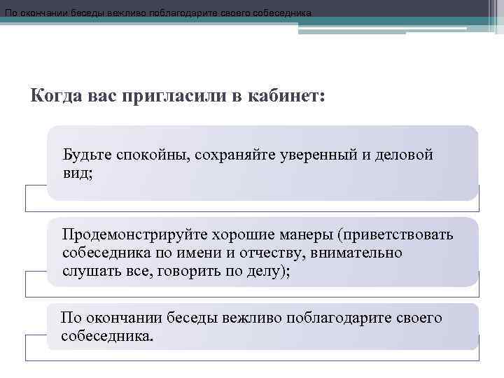 По окончании беседы вежливо поблагодарите своего собеседника. Когда вас пригласили в кабинет: Будьте спокойны,
