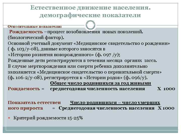 Естественное движение населения. демографические показатели Относительные показатели: Рождаемость –процесс возобновления новых поколений. (биологический фактор).
