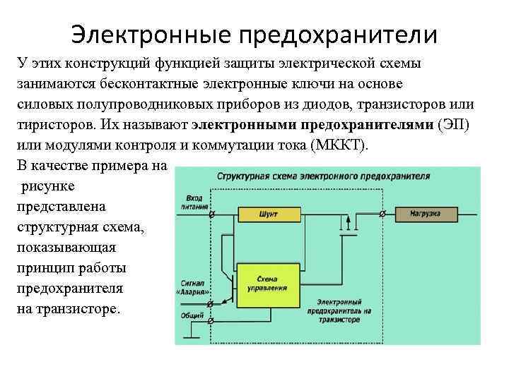 Электронные предохранители У этих конструкций функцией защиты электрической схемы занимаются бесконтактные электронные ключи на