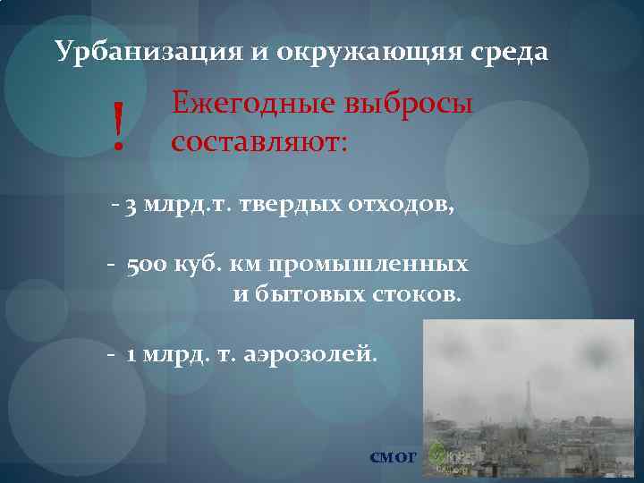 Урбанизация и окружающяя среда ! Ежегодные выбросы составляют: - 3 млрд. т. твердых отходов,