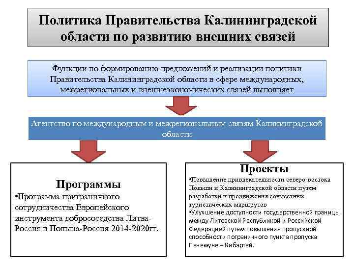 Политика Правительства Калининградской области по развитию внешних связей Функции по формированию предложений и реализации