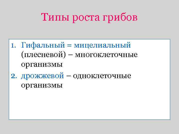 Типы роста грибов 1. Гифальный = мицелиальный (плесневой) – многоклеточные организмы 2. дрожжевой –