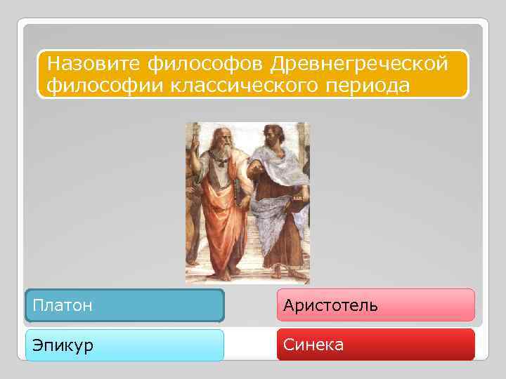 Назовите философов Древнегреческой философии классического периода Платон Аристотель Эпикур Синека 