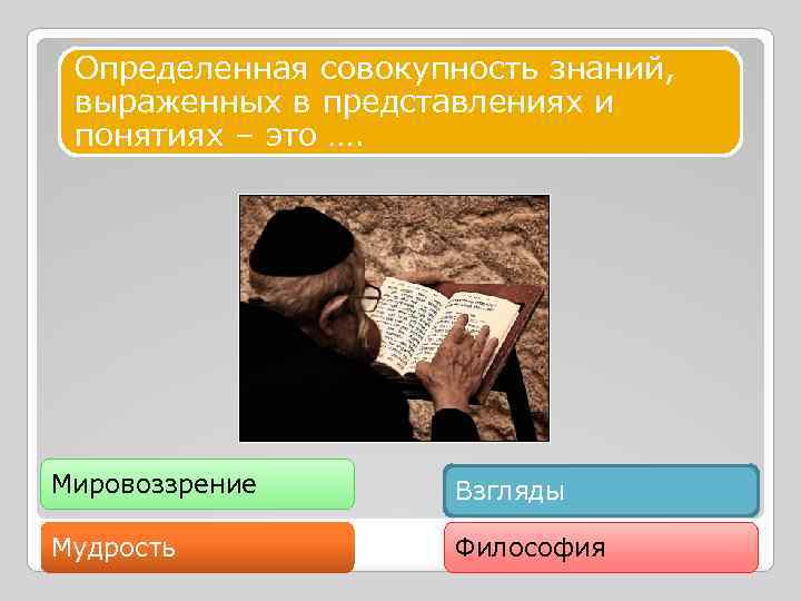 Определенная совокупность знаний, выраженных в представлениях и понятиях – это …. Мировоззрение Взгляды Мудрость