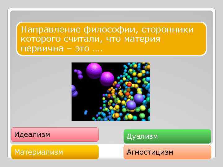 Направление философии, сторонники которого считали, что материя первична – это …. Идеализм Дуализм Материализм