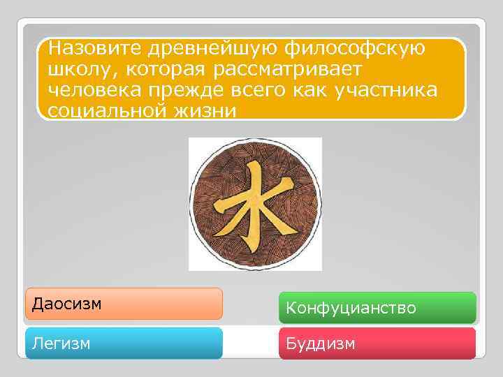 Назовите древнейшую философскую школу, которая рассматривает человека прежде всего как участника социальной жизни Даосизм