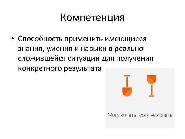 Компетенция • Способность применить имеющиеся знания, умения и навыки в реально сложившейся ситуации для