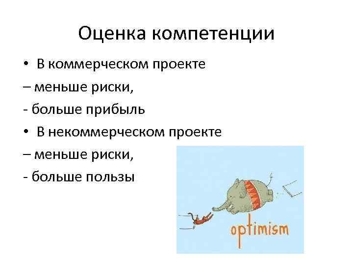 Оценка компетенции • В коммерческом проекте – меньше риски, - больше прибыль • В